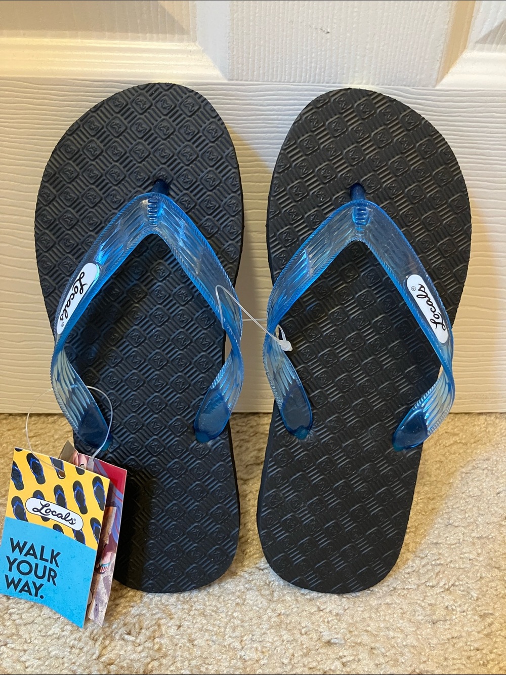 Locals Black Flip Flops with Translucent Blue Straps